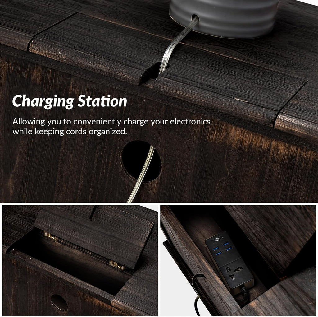 HULALA HOME Solid Wood End Table with Charging Station Space, Vintage Endtable with Wood Legs and 2 Drawers, French Side Table for Living Room, Charcoal