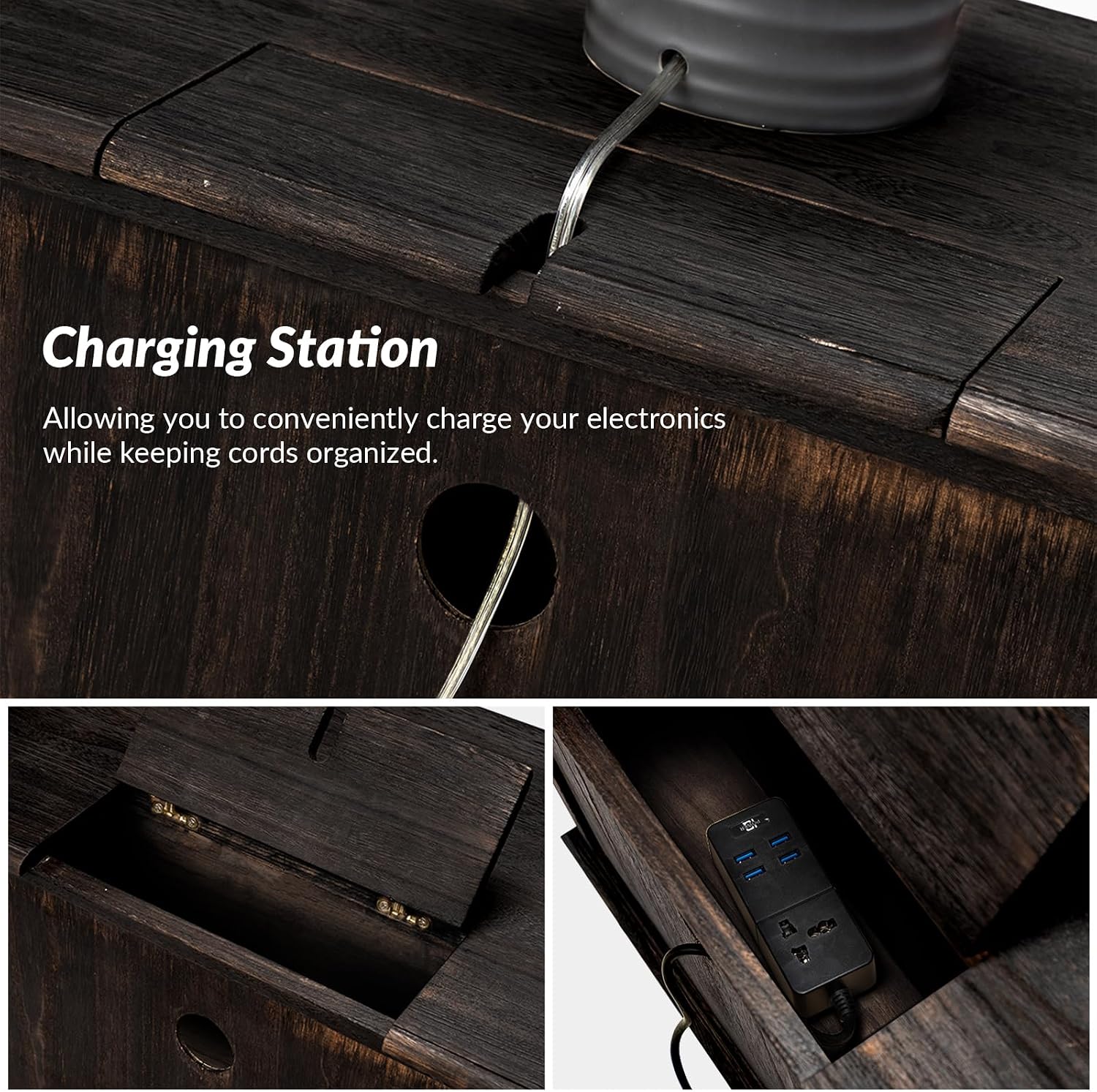 HULALA HOME Solid Wood End Table with Charging Station Space, Vintage Endtable with Wood Legs and 2 Drawers, French Side Table for Living Room, Charcoal