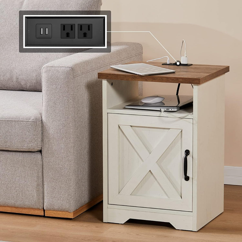 AMERLIFE 4 Pieces Living Room Table Sets, 98' Farmhouse Wall Unit TV Stand with Bookshelves & Wine Cabinet, Coffee Table & 2 End Tables with Charging Station and USB Ports, Living Room, Barnwood+White