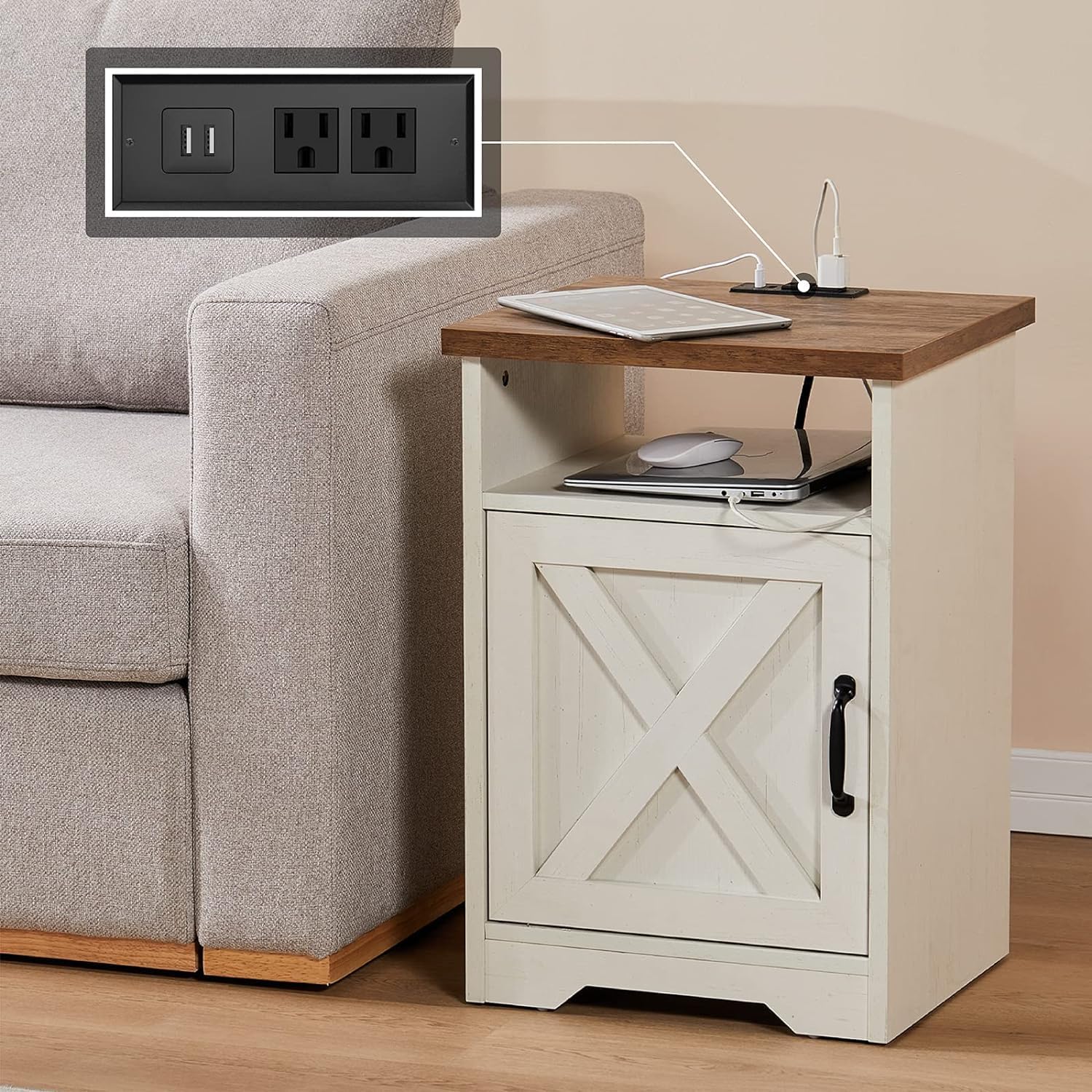 AMERLIFE 4 Pieces Living Room Table Sets, 98' Farmhouse Wall Unit TV Stand with Bookshelves & Wine Cabinet, Coffee Table & 2 End Tables with Charging Station and USB Ports, Living Room, Barnwood+White