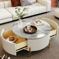 Merax 31.5'' Round Wood Coffee Table, with 2 Large Drawers Storage, Modern Marble Top, with Gold Metal Legs Center Tables for Living Room Apartment, Off White