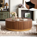 35.4' Round Coffee Table with Storage, Mid Century Modern Coffee Table with Hidden Drawer, Wooden Circle Center Tables, Drum Accent Tea Tables for Living Room Small Spaces (Walnut with Drawer)