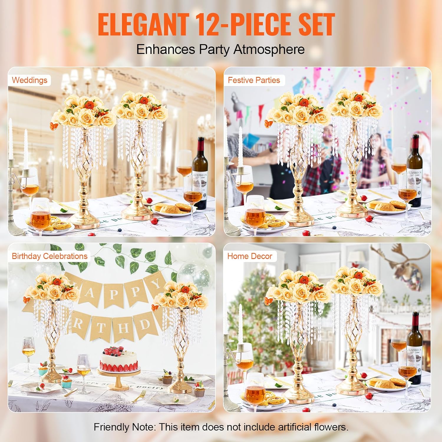 VEVOR Metal Wedding Centerpiece Gold,Crystal,12PCS 49cm/19.3'