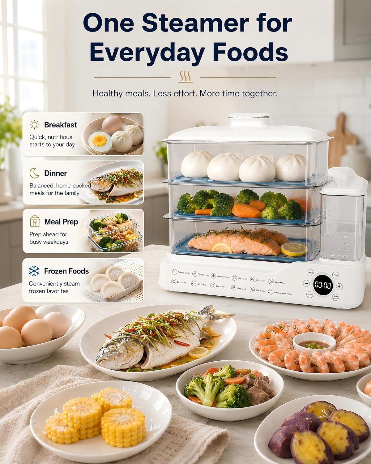 24L Electric Vegetable Steamer, 3-Tier Digital cooking steamer with 24-Hour Delay Start, Keep Warm, Removable Water Tank and Stainless Steel Trays for Dumplings, Seafood, Eggs and Rice