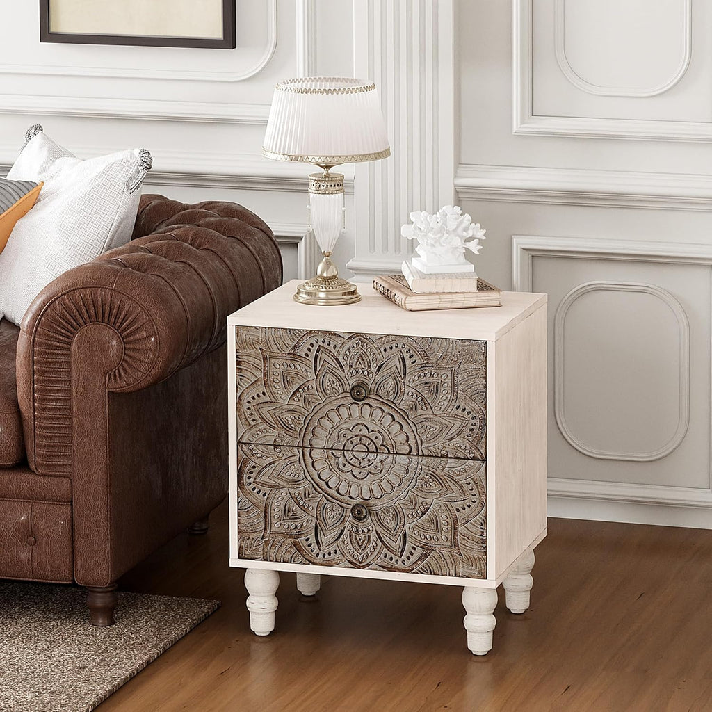 COSIEST Vintage Nightstand, 18' Wide Wood Small Bed Side Table with 2 Drawers, Accent Bedside Table, Bedroom Furniture for Home, Office (Lotus Pattern)