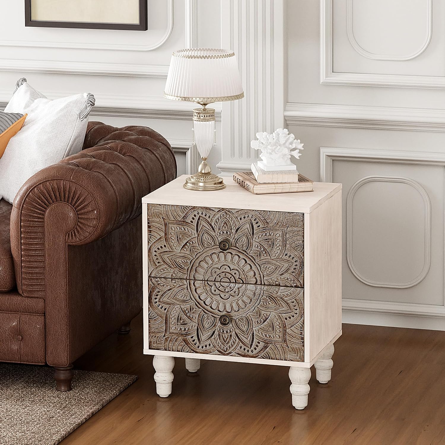 COSIEST Vintage Nightstand, 18' Wide Wood Small Bed Side Table with 2 Drawers, Accent Bedside Table, Bedroom Furniture for Home, Office (Lotus Pattern)