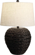 JONATHAN Y 24.5' Black Water Hyacinth Farmhouse Basket Table Lamp, Coastal Decor for Living Room Bedroom Nightstand, Light Gray Linen Shade, LED Bulb Included (JYL6501D)