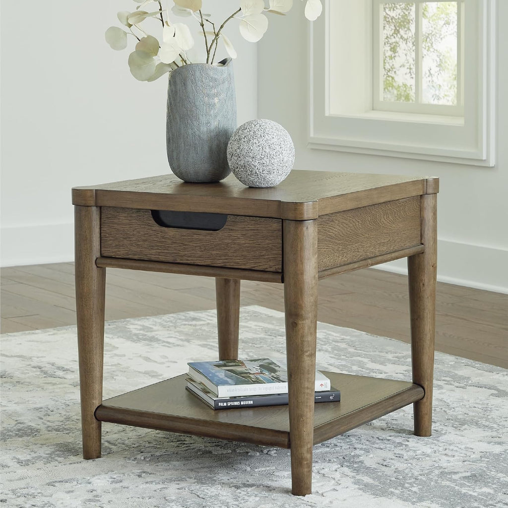 Signature Design by Ashley Roanhowe Contemporary 1-Drawer End Table with Open Lower Shelf, Light Brown