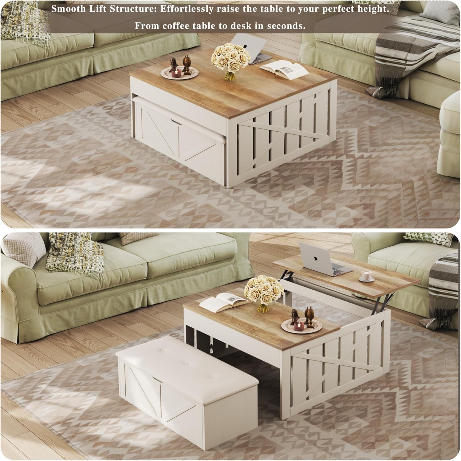 HUAHUU Coffee Table, 31.5 Lift Top Coffee Tables with Storage Hidden Compartment, Farmhouse Coffee Tables with Ottoman Bench, Center Table with Wooden Lift Tabletop for Living Room, White
