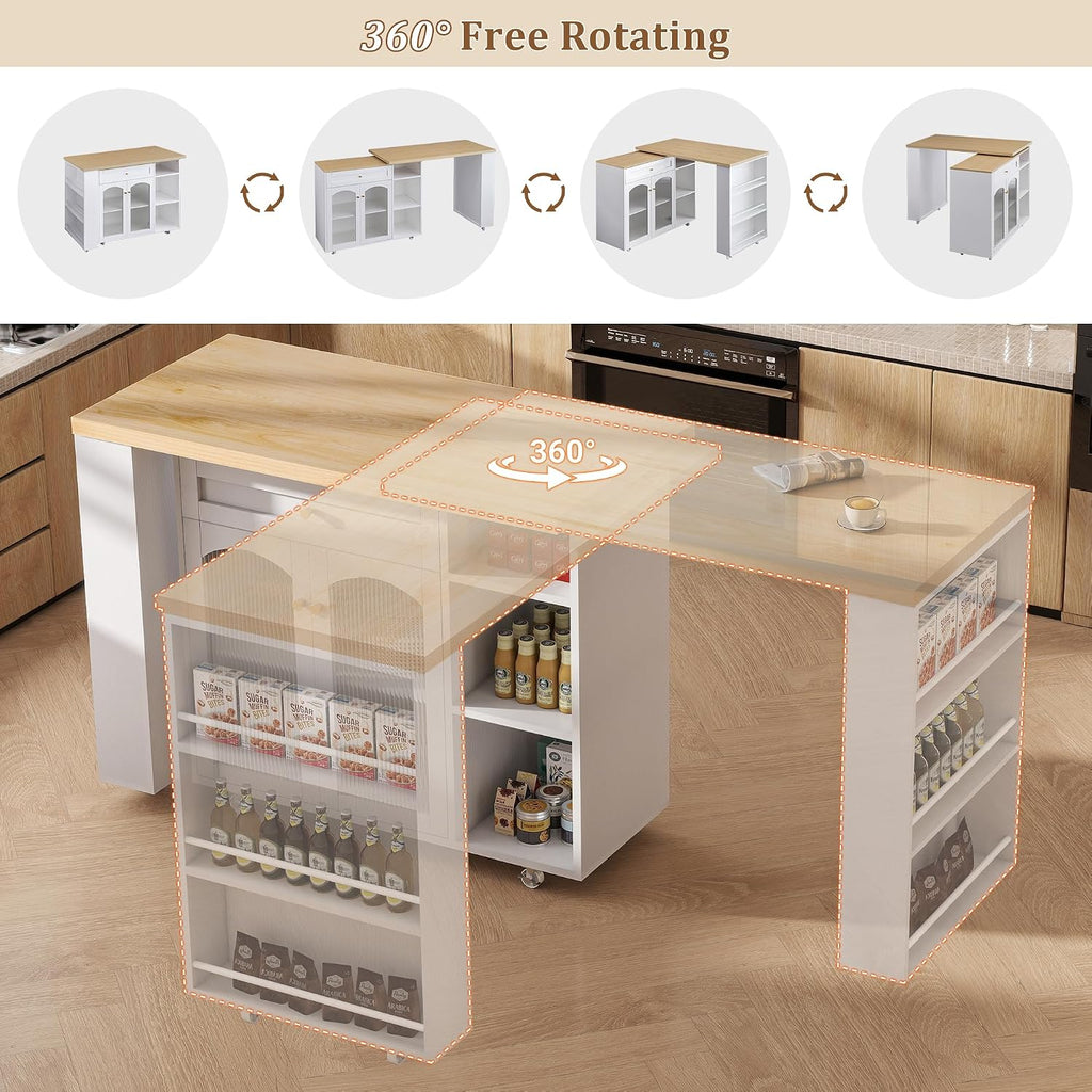 LYNCOHOME 71.1' Rolling Kitchen Island with 360° Rotating Tabletop, Mobile Lockable Wheels & Adjustable Shelves, Multifunctional Storage Cart for Kitchen & Dining（White）