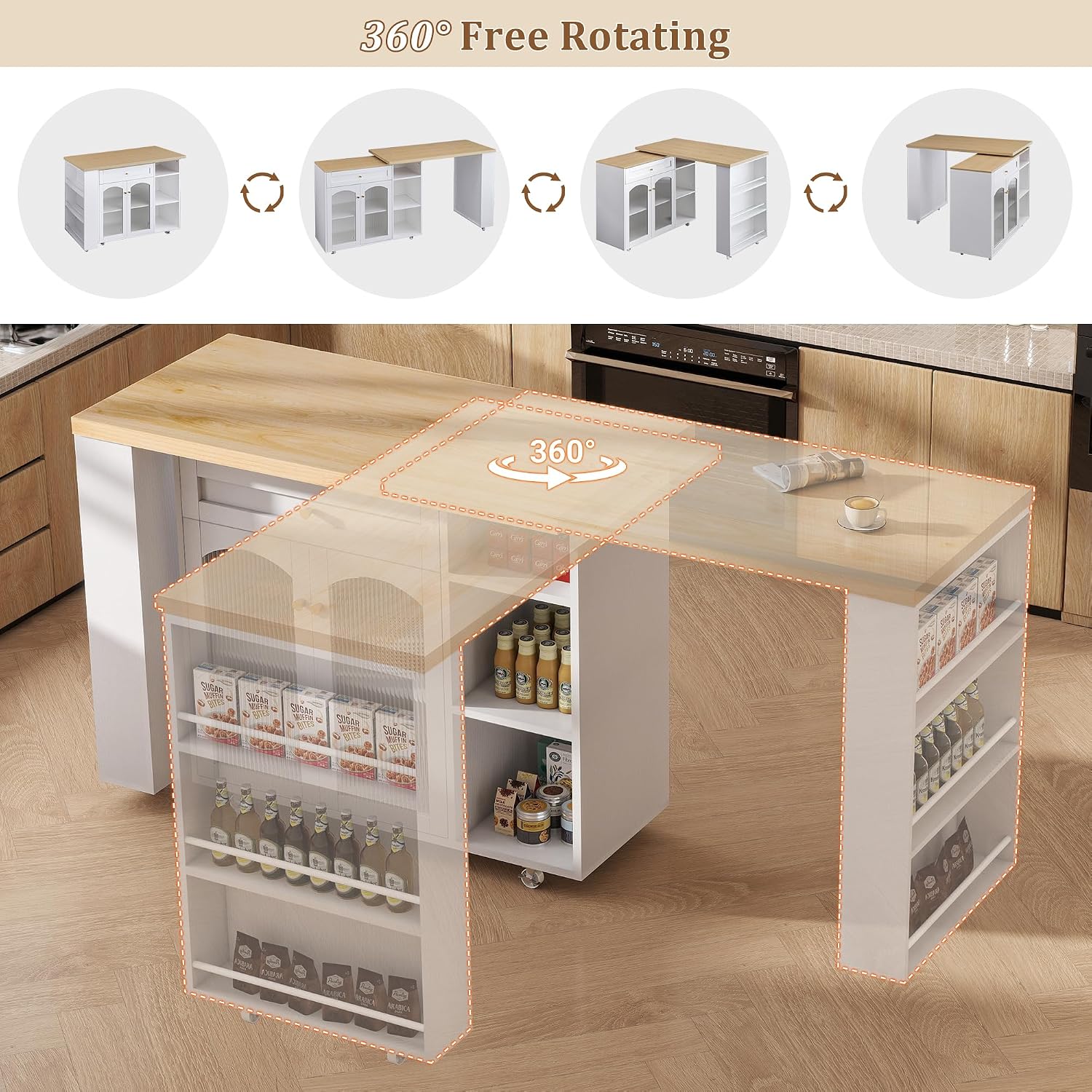 LYNCOHOME 71.1' Rolling Kitchen Island with 360° Rotating Tabletop, Mobile Lockable Wheels & Adjustable Shelves, Multifunctional Storage Cart for Kitchen & Dining（White）
