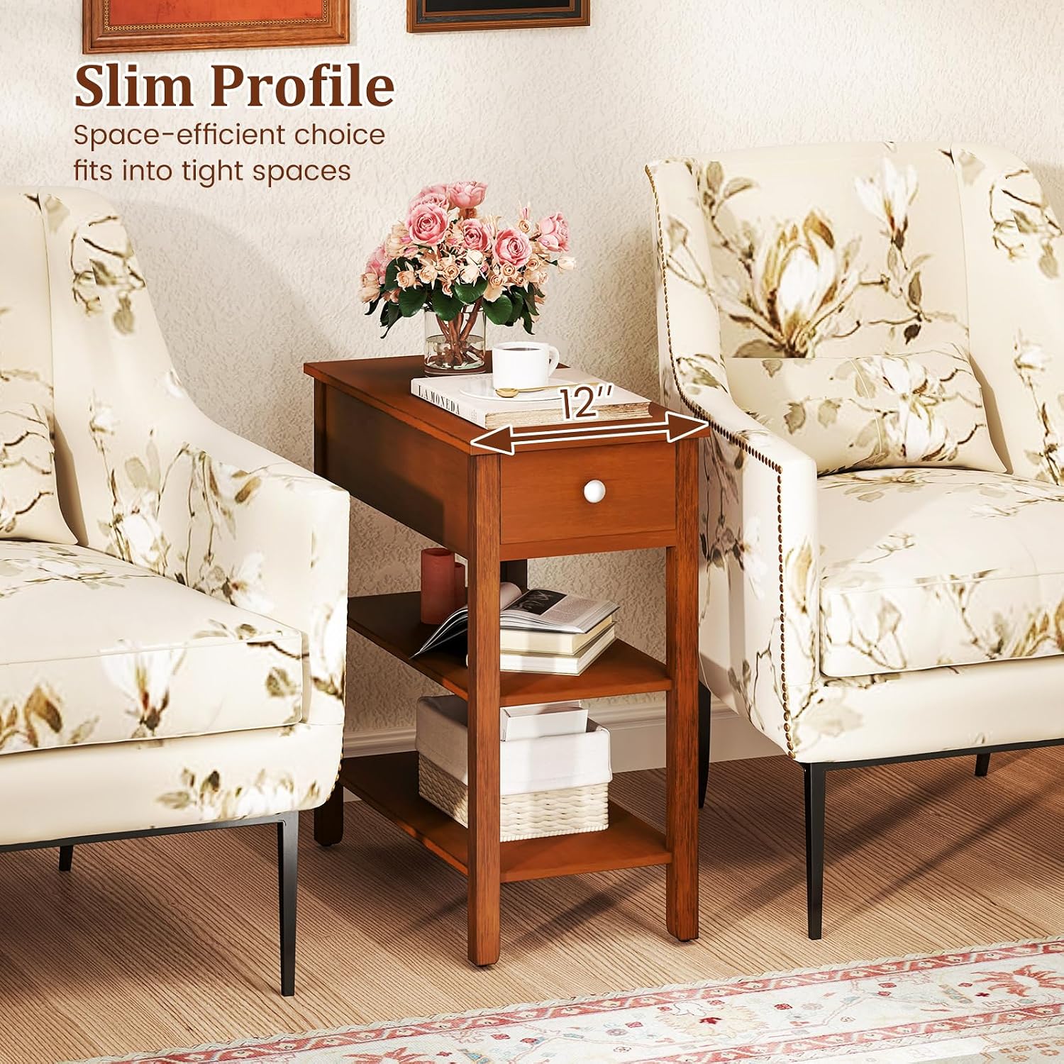 Tangkula Narrow End Table Set of 2, 24.5'H Farmhouse Couch Bedside Table with Drawer, Storage Shelves, Rubber Wood Legs, 3-Tier Nightstand, Slim Side Table for Small Spaces, Living Room Bedroom, Brown