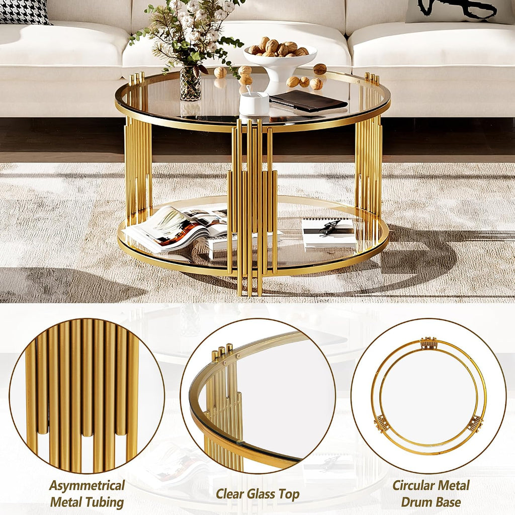 Modern Glass Coffee Table in 31.5', Asymmetrical Metal, Circular Metal Drum Base, Gold Finish & Lower Shelf