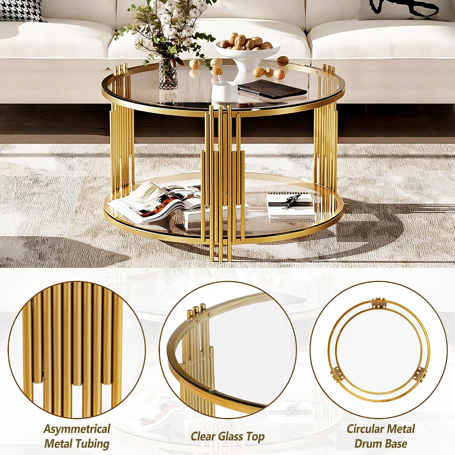 Modern Glass Coffee Table in 31.5', Asymmetrical Metal, Circular Metal Drum Base, Gold Finish & Lower Shelf