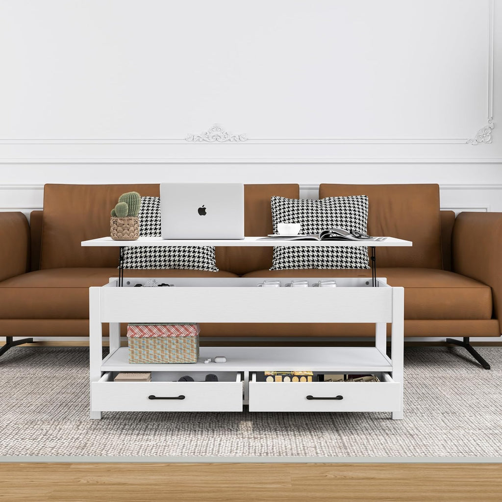 Panana Coffee Table, Lift Top Coffee Table with Hidden Compartment, 2 Drawers and 1 Open Shelf, Retro Central Wooden Table Lift Tabletop for Living Room (White)