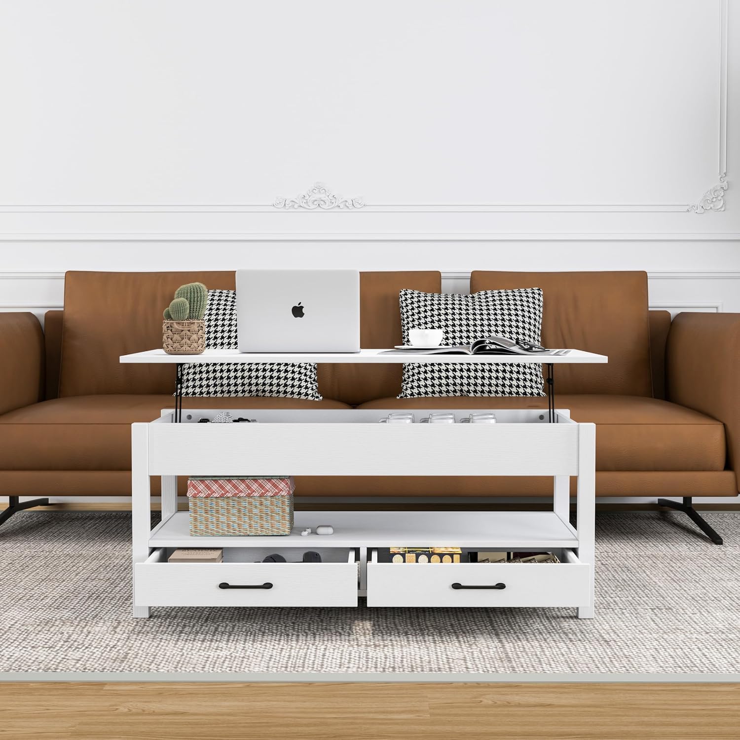 Panana Coffee Table, Lift Top Coffee Table with Hidden Compartment, 2 Drawers and 1 Open Shelf, Retro Central Wooden Table Lift Tabletop for Living Room (White)