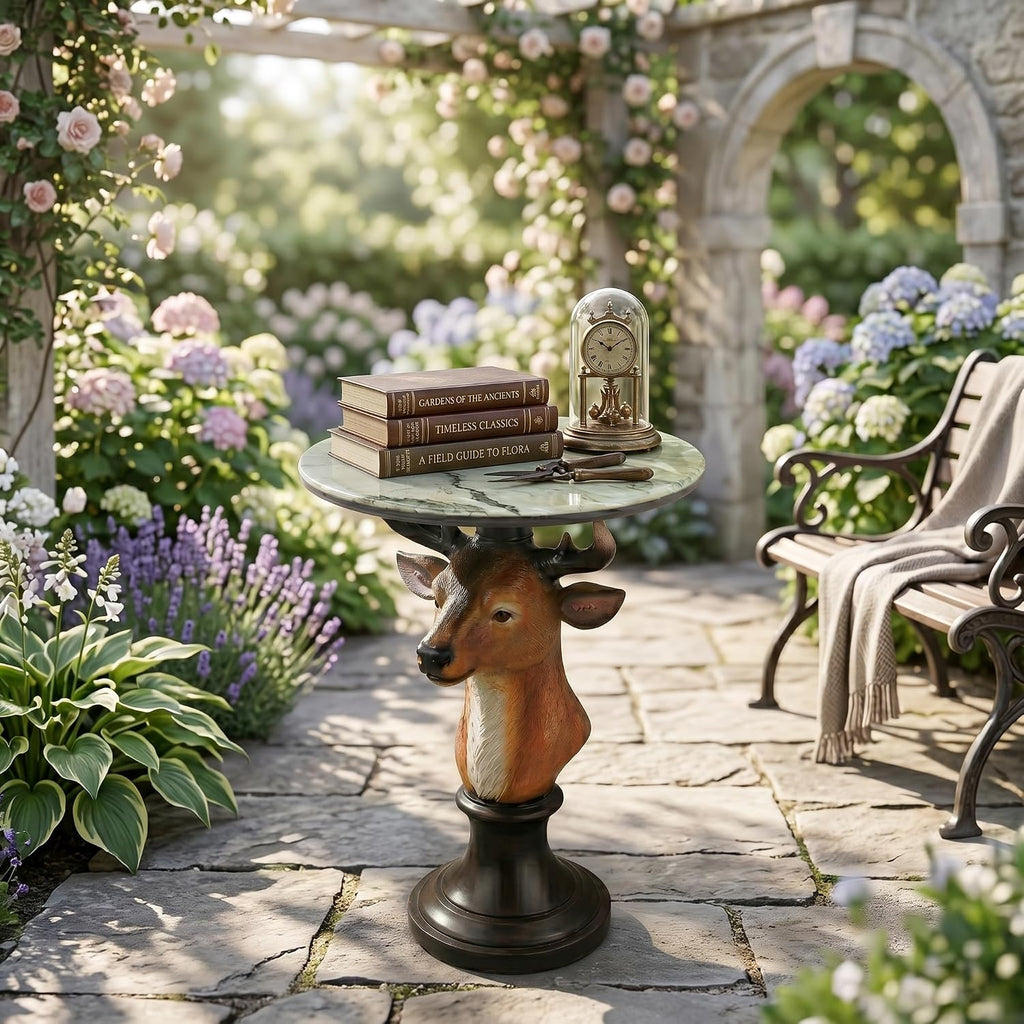 Deer Head Sculptural Accent Table for Living Room & Entryway, 19.69' D x 25.59' H, Resin Animal End Table, Waterproof Outdoor Decor, Unique Gift for Housewarming