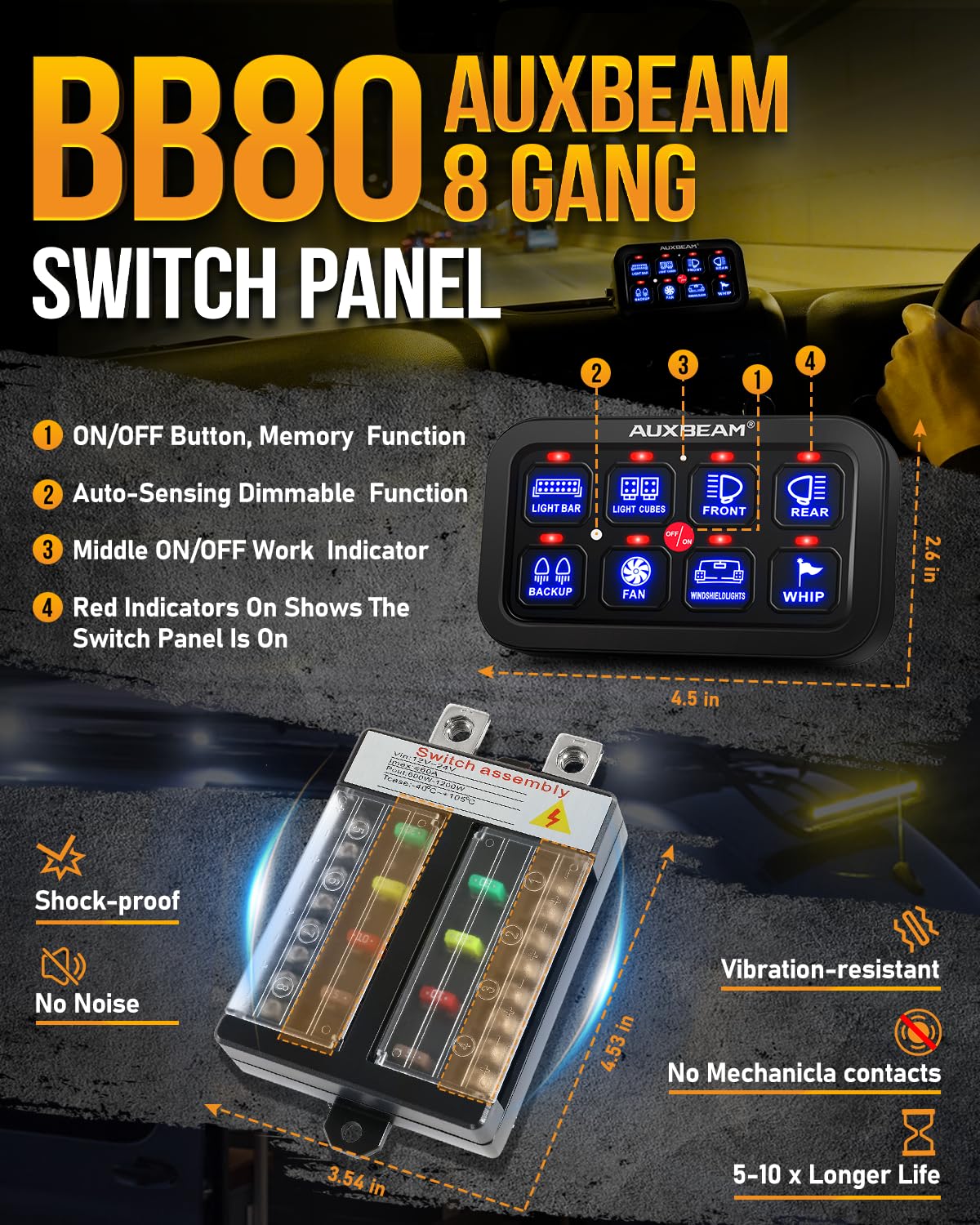 Auxbeam 8 Gang Switch Panel BB80 Universal Circuit Control Relay System Automatic Dimmable LED Switch Control Panel Switch Pod Touch Switch Box for Car Truck Offroad ATV SUV - Blue, 3 Years Warranty