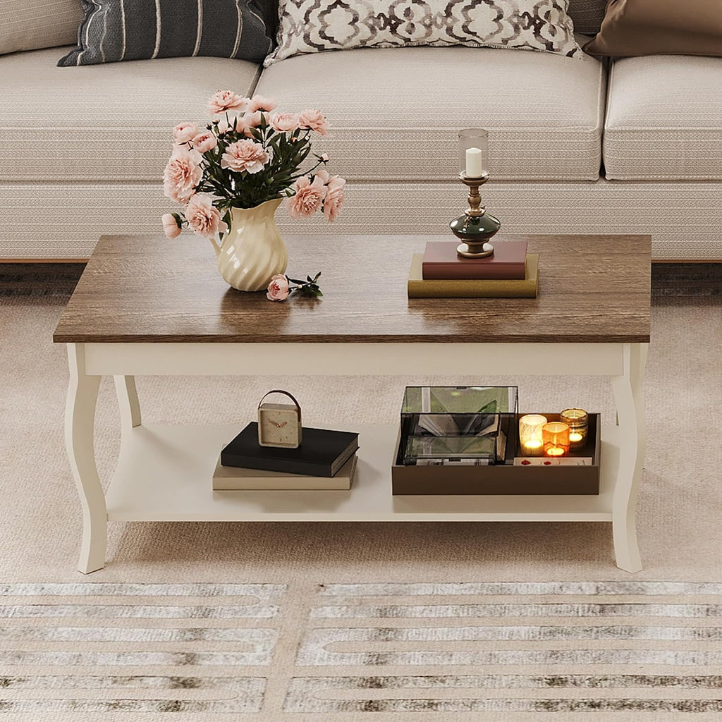 ChooChoo Coffee Table, Rustic Center Table with Curved Legs and Storage Shelf, 39' Coffee Table for Living Room, Soft White