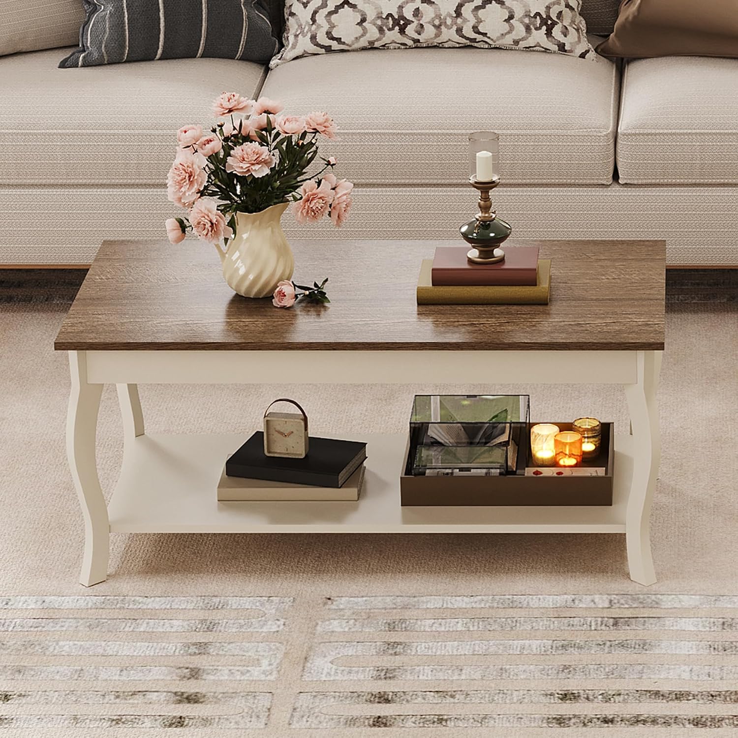 ChooChoo Coffee Table, Rustic Center Table with Curved Legs and Storage Shelf, 39' Coffee Table for Living Room, Soft White