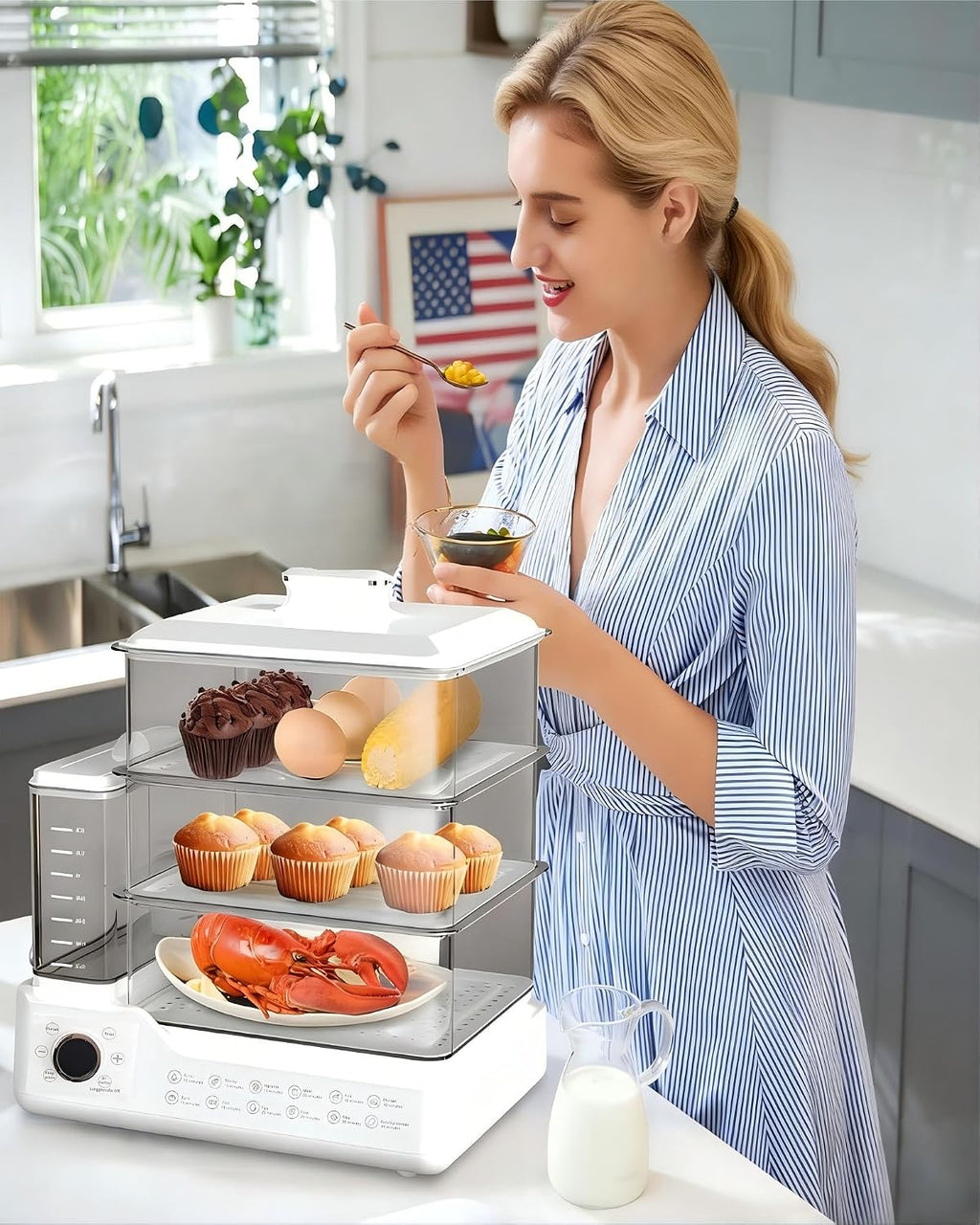 24L Electric Steamer, 800W 3-Layer Food Steamer with Detachable Water Tank, 24-Hour Timer & Auto Keep Warm, Digital Touch Panel for Family & Gatherings