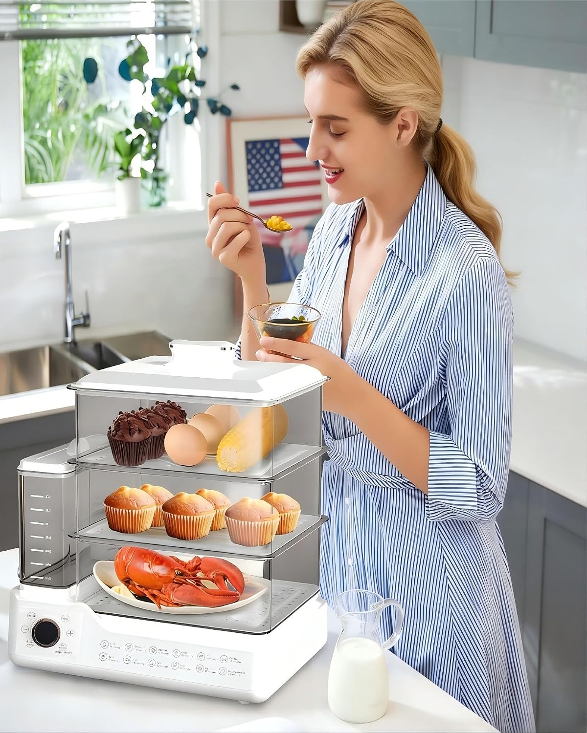 24L Electric Steamer, 800W 3-Layer Food Steamer with Detachable Water Tank, 24-Hour Timer & Auto Keep Warm, Digital Touch Panel for Family & Gatherings