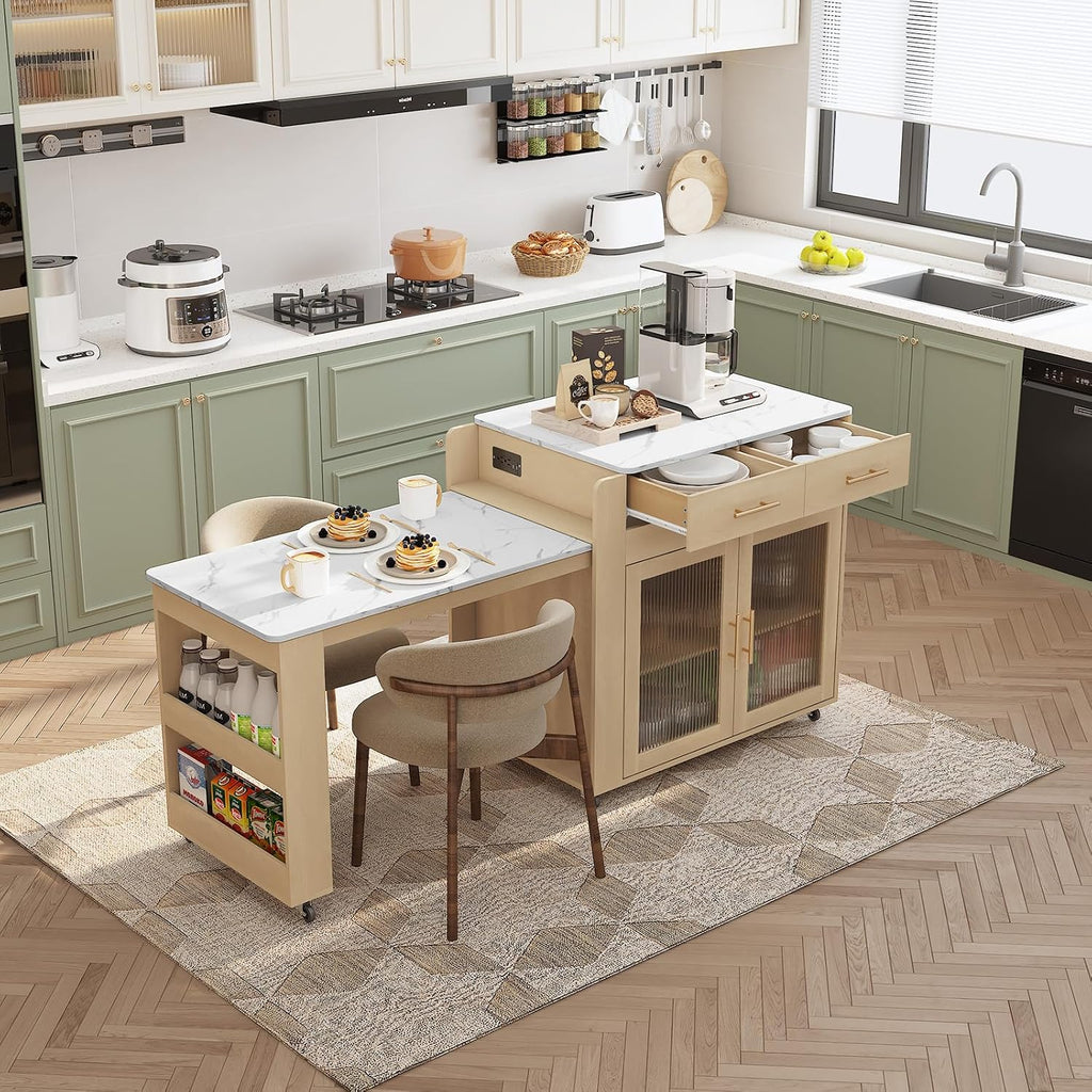 HLR 72' Kitchen Island with Extendable Dining Table, Marble Grain Top Storage Islands with Power Outlet, Rolling Cart on Wheels with Storage Cabinet and 2 Drawers, Pre Table for Kitchen