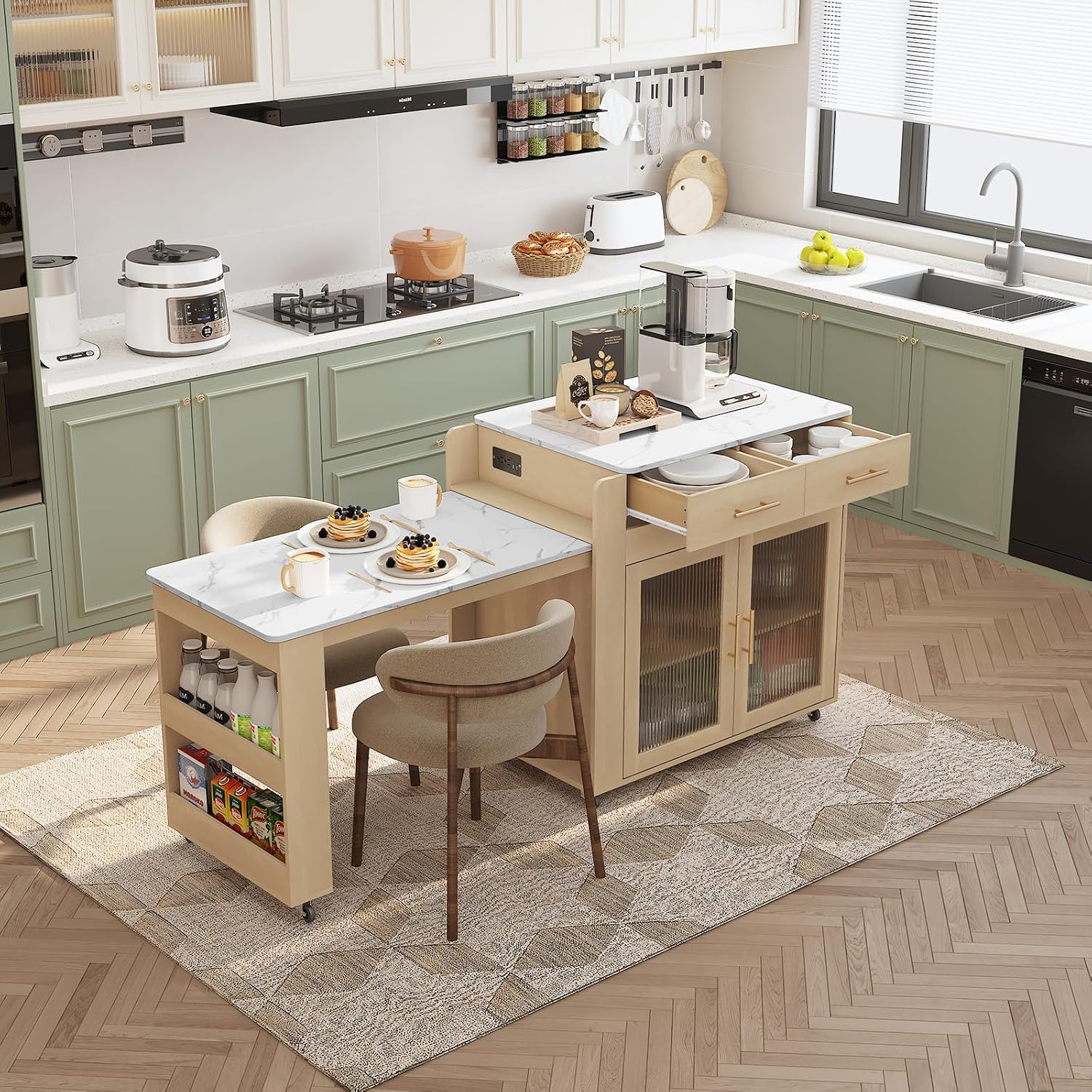 HLR 72' Kitchen Island with Extendable Dining Table, Marble Grain Top Storage Islands with Power Outlet, Rolling Cart on Wheels with Storage Cabinet and 2 Drawers, Pre Table for Kitchen