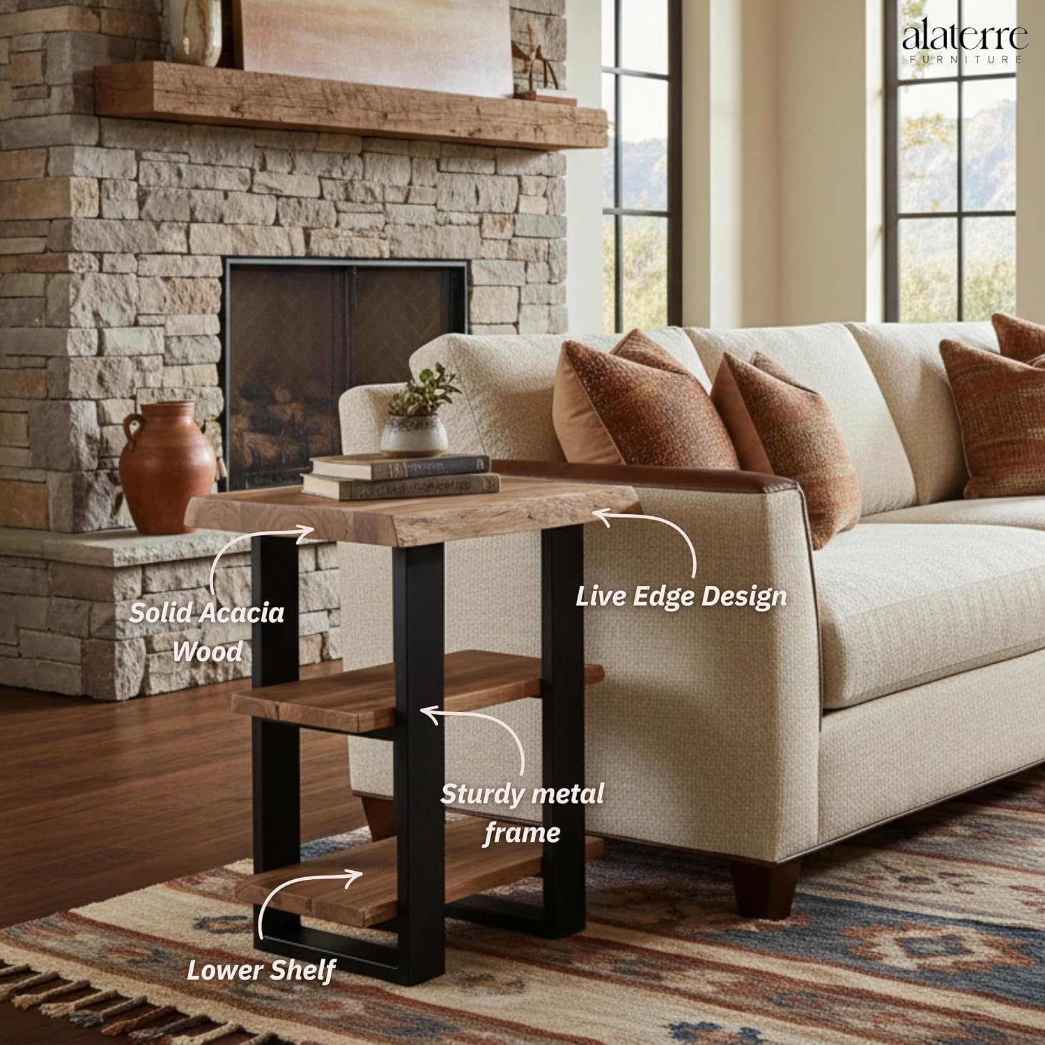 Alaterre Alpine Live Edge Solid Wood 2-Shelf End Table, Natural (AWAA0220)