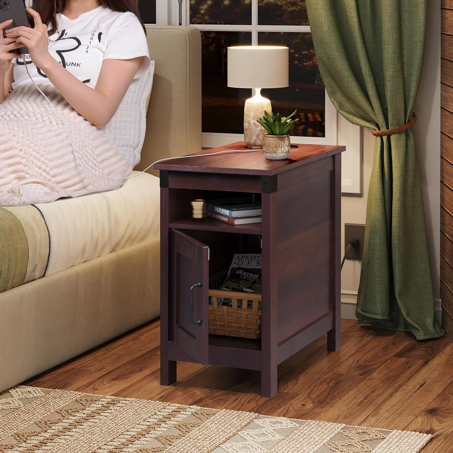WLIVE Narrow End Table Set of 2 with Charging Station, Side Tables for Living Room, Small Spaces, Couch, Night Stand Set with Storage, USB Ports and Outlets,Brown