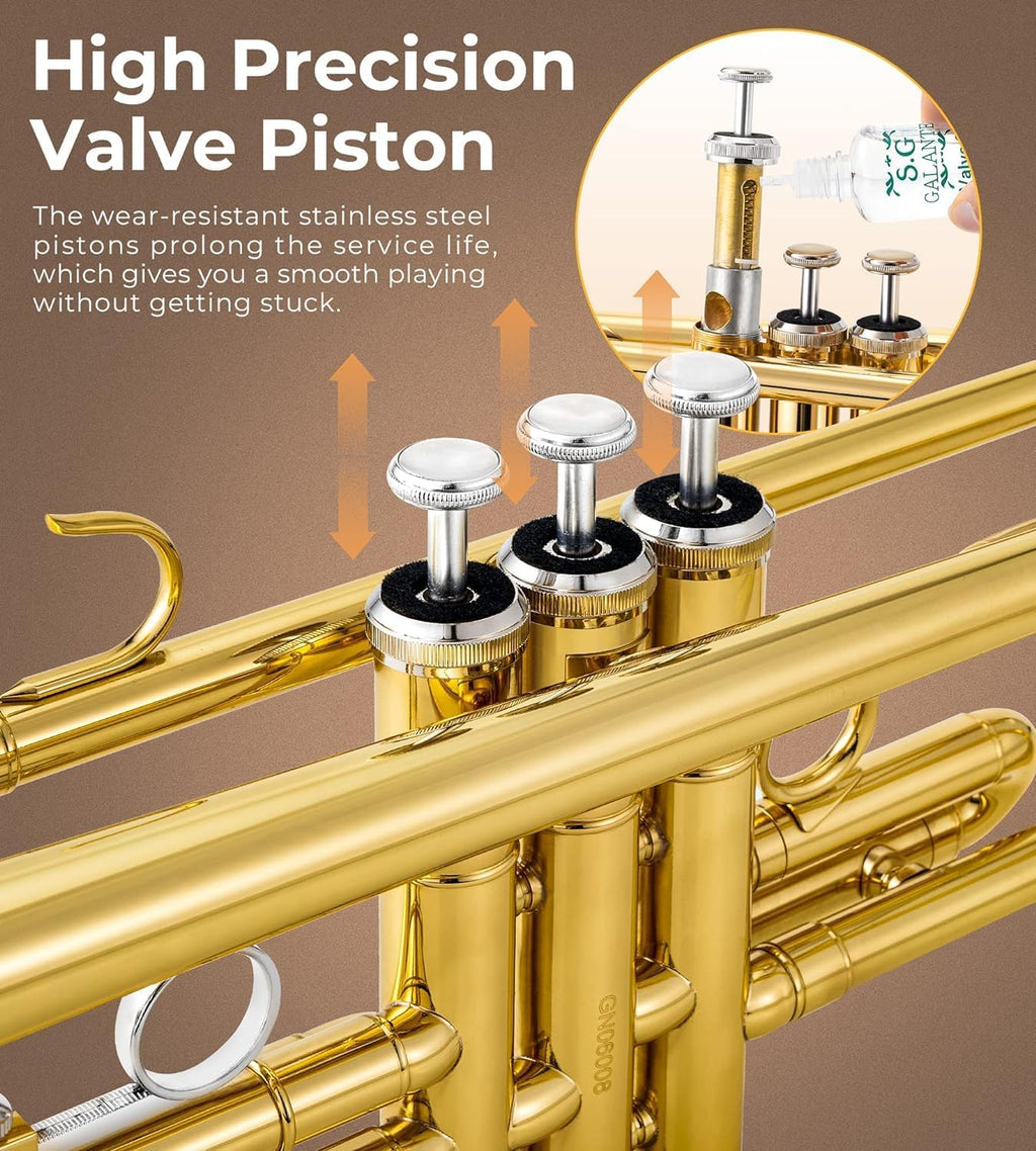 Vangoa Bb Trumpet Brass Standard Gold Trumpet Instrument for Student School Band Orchestra Adult Kid Beginner with Hard Case, Stand, Cleaning Kit, White Gloves, Valve Oil and 7C Mouthpiece