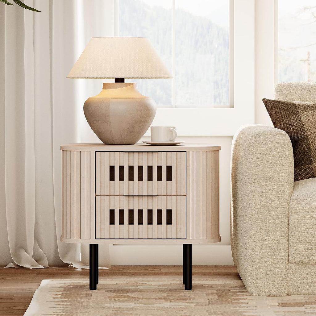 WAMPAT Fluted Nightstand, Modern Wooden End Table with 2 Drawer, Storage Bedside Table for Bedroom and Living Room, Natural, 1 Pack