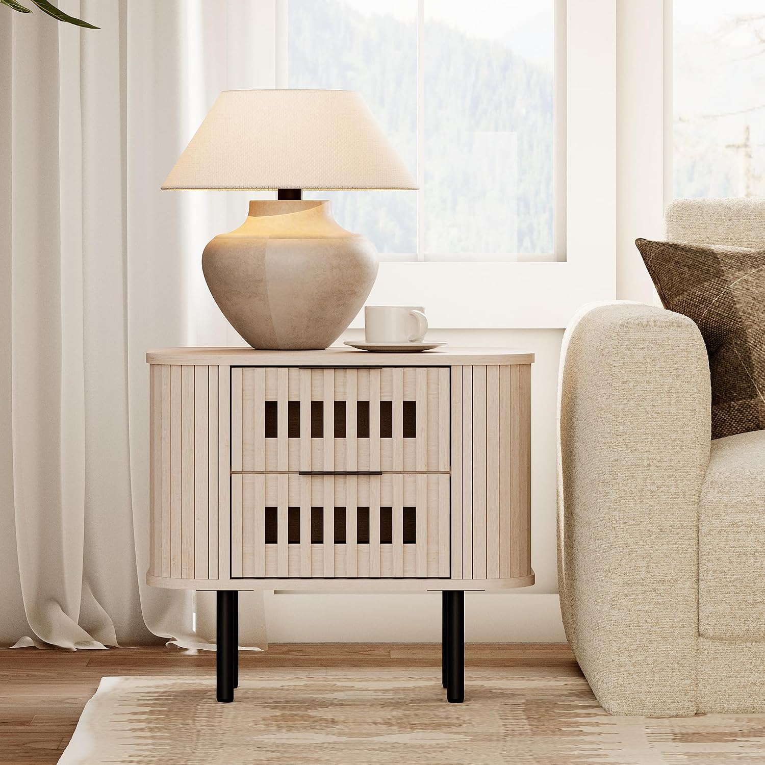 WAMPAT Fluted Nightstand, Modern Wooden End Table with 2 Drawer, Storage Bedside Table for Bedroom and Living Room, Natural, 1 Pack