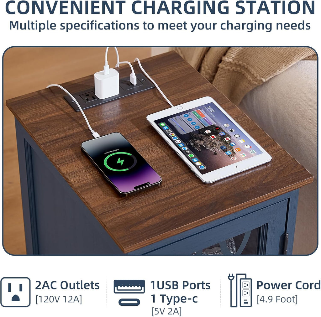 Joaxswe Narrow Side Table with Charging Station Set of 2, Night Stand with Glass Door,Bedside End Tables with Adjustable Shelf Storage Cabinet,Wood Nightstand for Small Spaces Living Room Bedroom