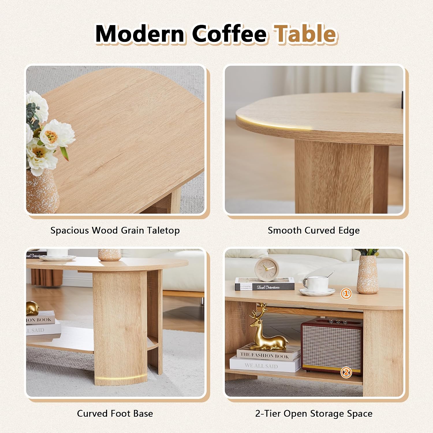 Oval Coffee Table for Living Room, 43.3' Farmhouse Coffee Tables with Storage, 2-Tier Wood Center Table with Storage Shelf Low Tea Table for Small Space, Home, Office, Easy Assembly (Natural)