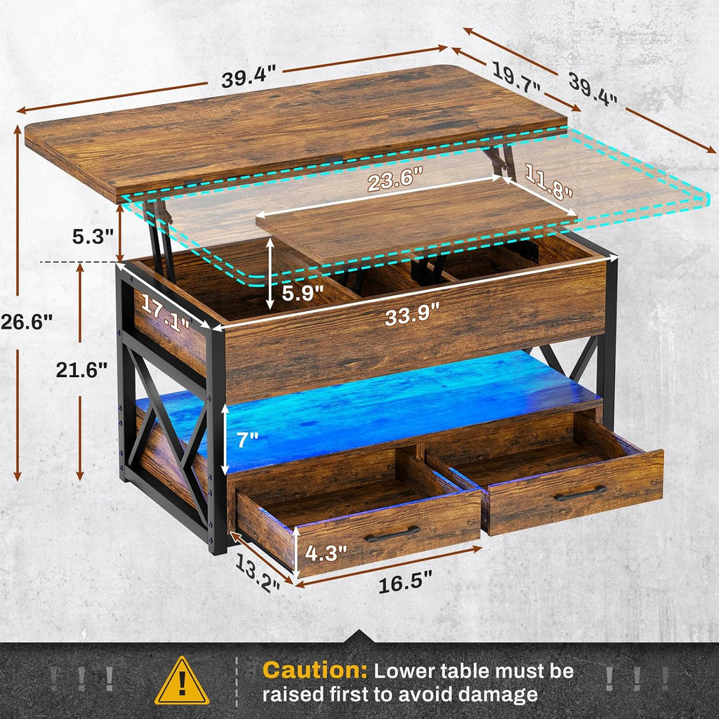 Itaar 40' Lift Top Coffee Table, 4 in 1 Coffee Tables with Storage for Living Room, Small Farmhouse Coffee Table with 2 Drawers & LED Light for Dining Reception Room, Rustic Brown