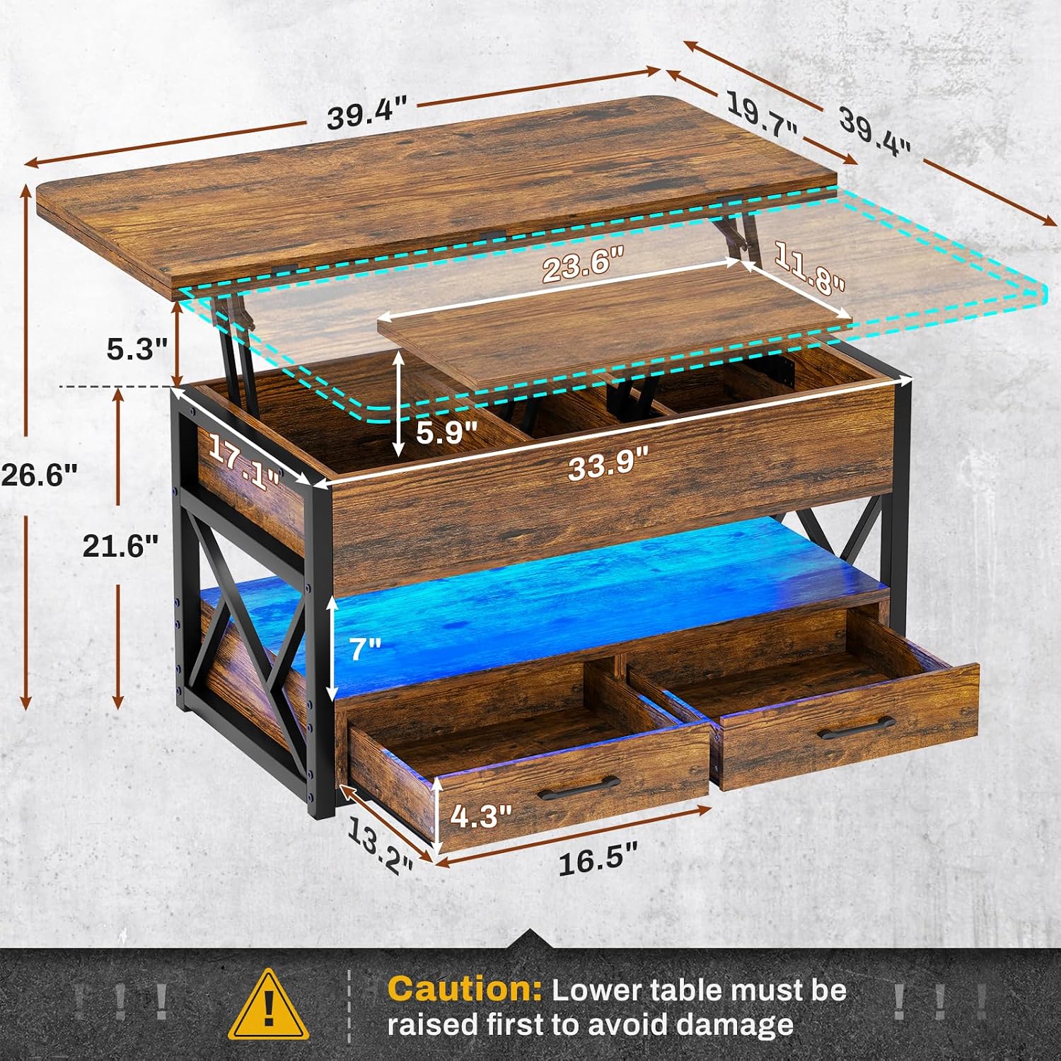 Itaar 40' Lift Top Coffee Table, 4 in 1 Coffee Tables with Storage for Living Room, Small Farmhouse Coffee Table with 2 Drawers & LED Light for Dining Reception Room, Rustic Brown