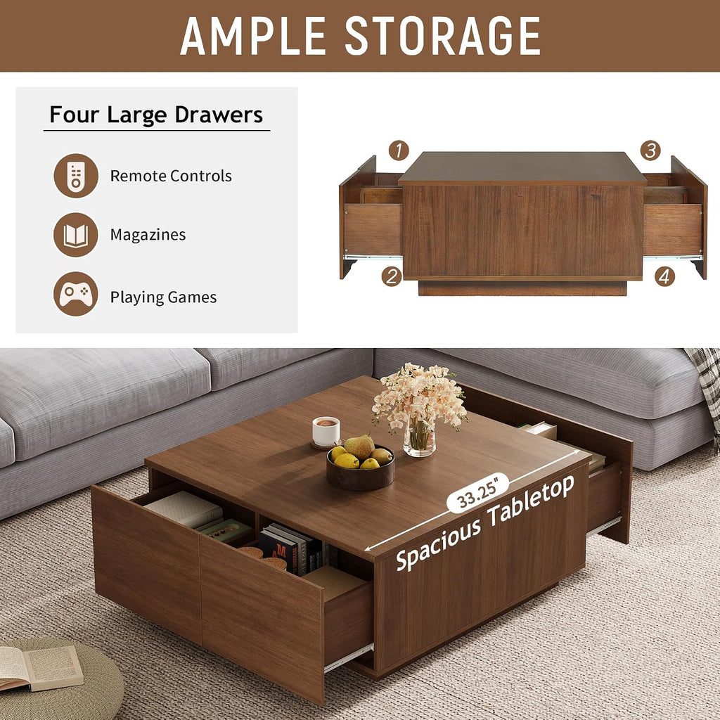 Merax Modern Wood Square Coffee Table with 4 Hidden Storage Drawers, 33.25' Minimalist Center Tables for Living Room, Easy Assembly, Walnut