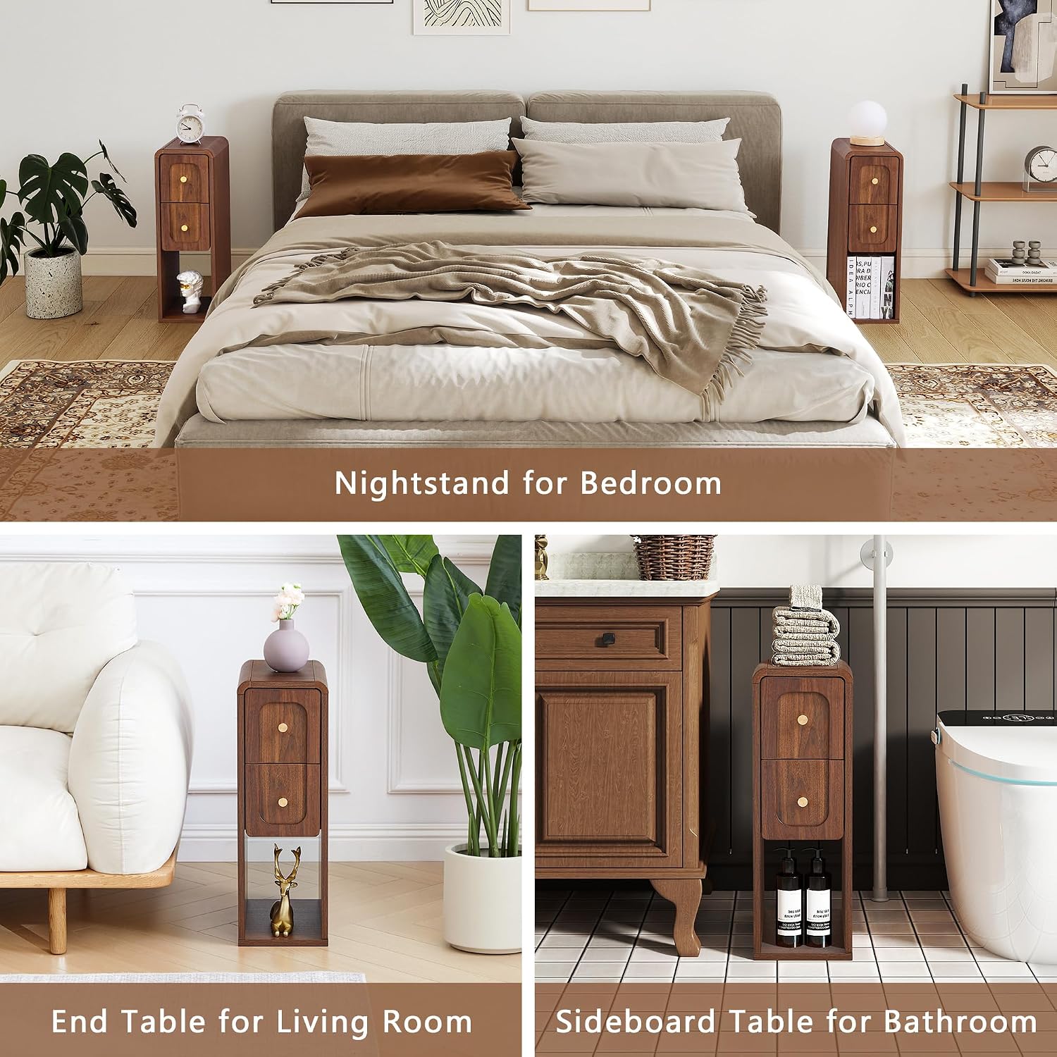 Small Nightstand Set of 2, Wooden Narrow Nightstands with 2 Drawers, Vintage Side End Table for Small Spaces, Skinny Night Stand, Bedside Table for Bedroom, Living Room (Walnut-2PCS)