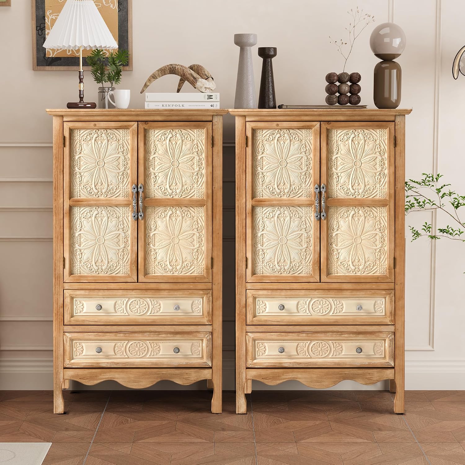 RoyalCraft 48' Tall Accent Cabinet with 2 Carved Doors and 2 Drawers，Vintage Wood Cabinet with Storage, French Country Sideboard Buffet for Small Spaces, Dining Room, Living Room & Entryway