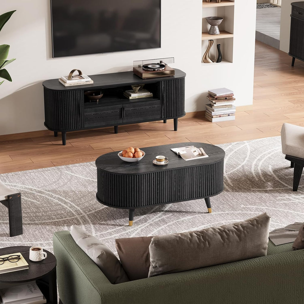Oval Lift Top Coffee Table with Storage, 42.5' Fluted Coffee Table with Lifting Top & Solid Wood Legs, Mid Century Modern Center Table for Living Room, Home Office, Black