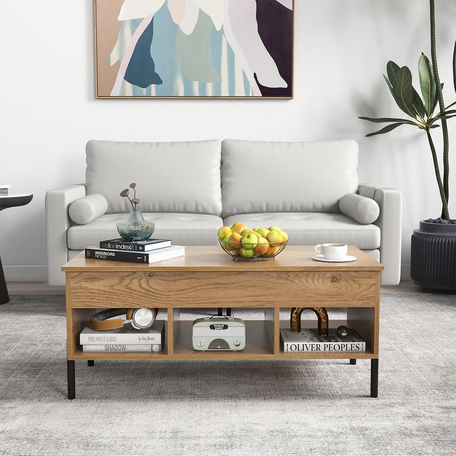 Giantex Lift Top Coffee Table - Rectangular Wooden Table w/Hidden Compartment & Open Storage Shelves, Multifunctional Modern Flip Top Center Table for Living Room, Reception Room, Office (Natural)