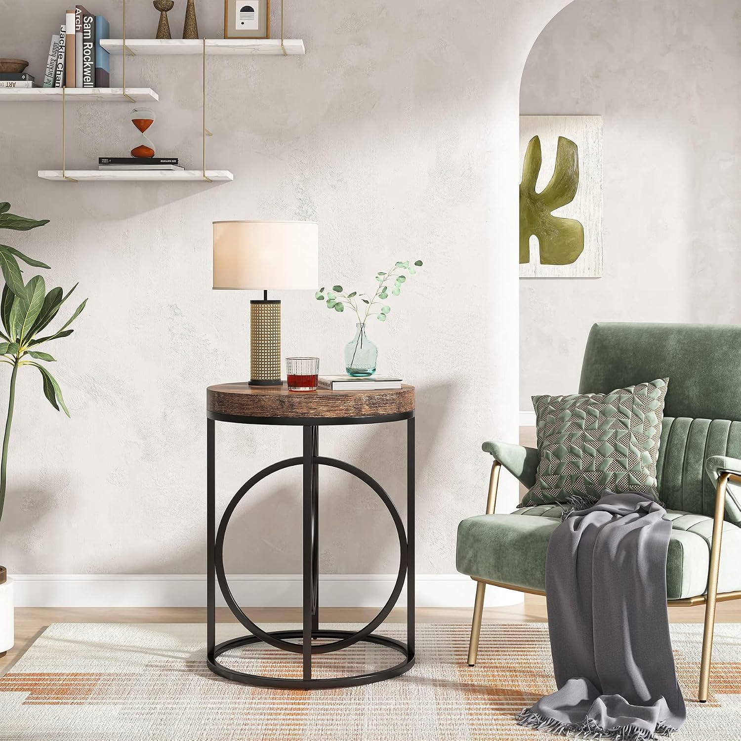 LITTLE TREE 20' Round End Table with Thick Wood Top，Modern Sofa Side Table with Gold O-Shaped Base, Midcentury Accent Table Cocktail Table Nightstand for Living Room Bedroom, 2PCS