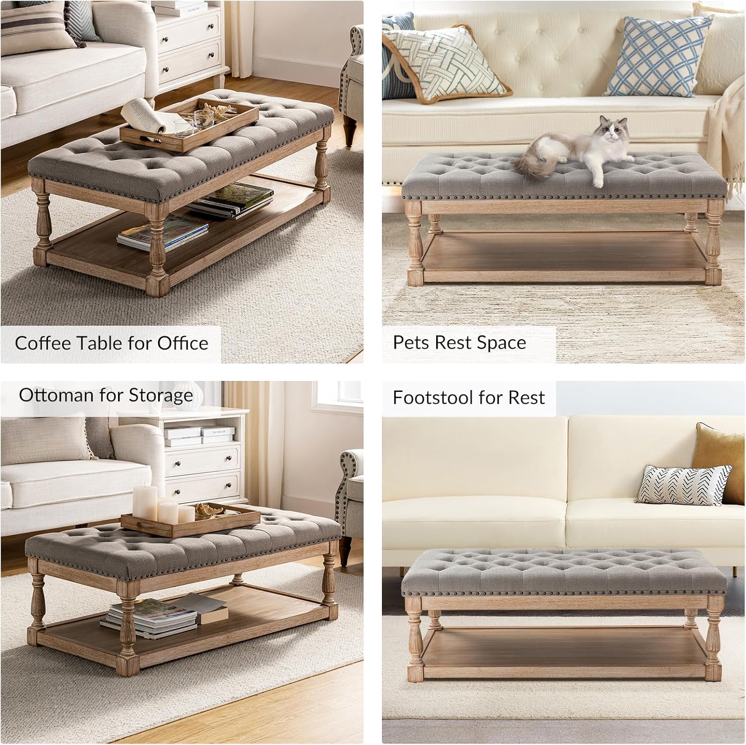 HULALA HOME Rectangle Ottoman Coffee Table with Tray, Large Tufted Fabric Coffee Table with Wood Shelf Storage for Living Room, Grey
