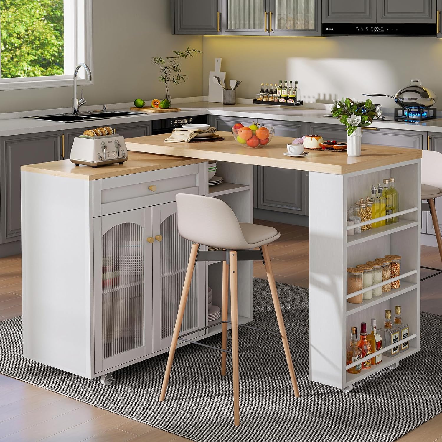 LYNCOHOME 71.1' Rolling Kitchen Island with 360° Rotating Tabletop, Mobile Lockable Wheels & Adjustable Shelves, Multifunctional Storage Cart for Kitchen & Dining（White）