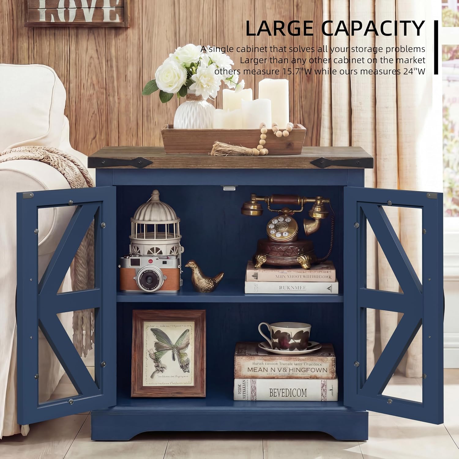Farmhouse End Table, 24' Large End Tables with Storage, Rustic Square Sofa Beside Table with Glass Barn Door, Wood Side Table Square Nightstand for Living Room, Bedroom, Office (Misty Blue)