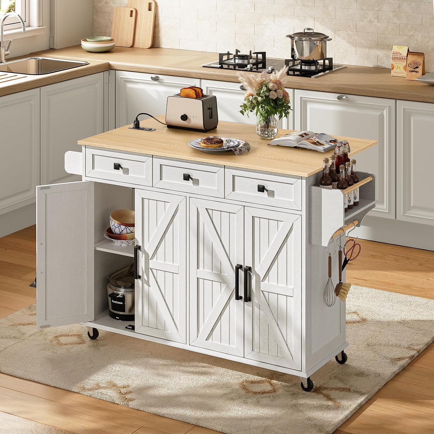 RALGEND Kitchen Island with Drop Leaf & Power Outlet, Rolling Kitchen Island Cart On Wheels, Barn Door Kitchen Island Table with Storage and Tower Rack, Island Table for Kitchen, White and Natural