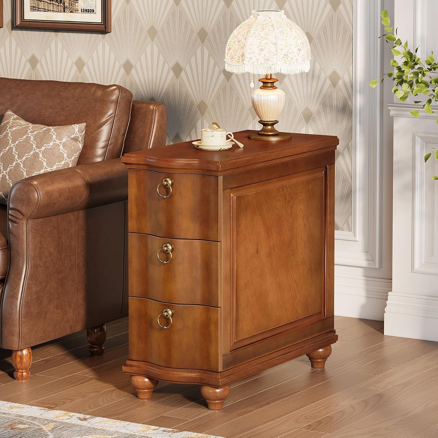 Tribesigns Wood Fully Assembled End Table, 3-Drawers Narrow Slim Side Table, No Assembly Required, Nightstand for Bedside, Small Spaces, Living Room, Bedroom, Walnut Brown