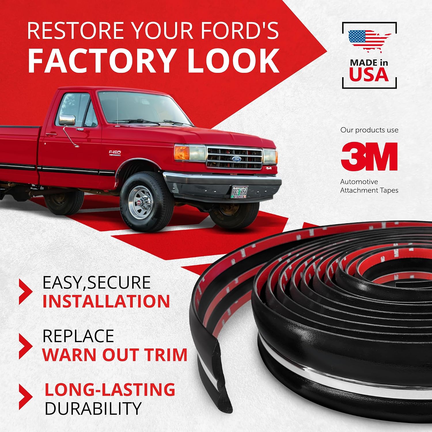All-Fit Automotive Replacement Old Style Body Side Molding (3') – OEM Grade Black/Chrome Trim for 1987-1991 Brick Nose Ford F150, F250, F350 & Bronco – Easy to Install Truck Accessories (26 Ft)