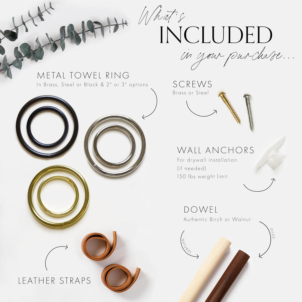 Bathroom Fixture Kit includes leather & wood Toilet Paper Roll Holder, Bath Towel Rail, leather & brass hanging Hand Towel Ring hook with gold hardware, straps are wall mounted, accessories rack